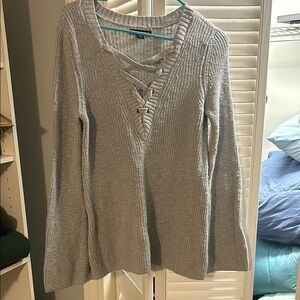 Gray Knit Sweater with Lace-Up V-Neck
